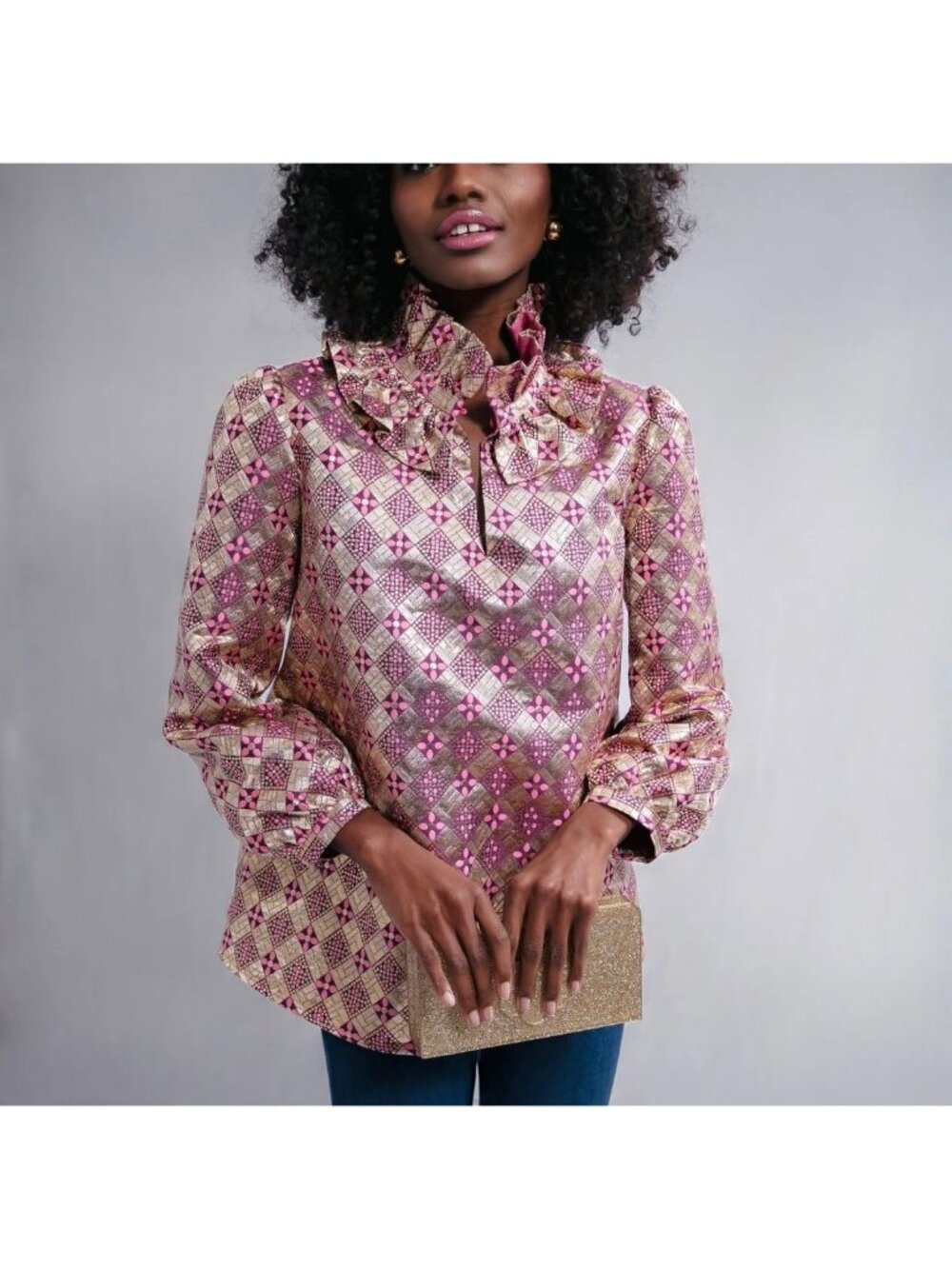NWT Tuckernuck Women’s M Pink Gold Geometric Print Tie Neck Blouse Top